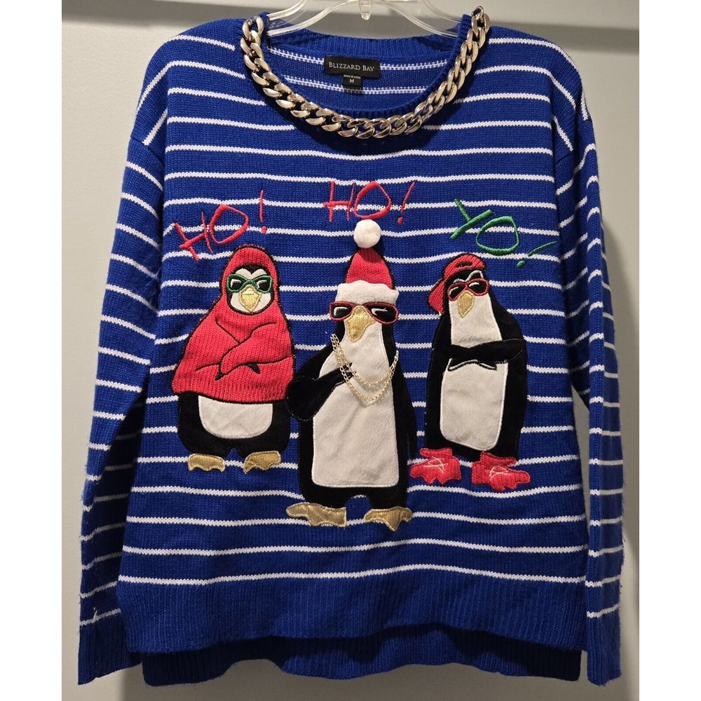Blizzard Bay Penguin‎ Ugly Christmas Sweater Striped Holiday Medium